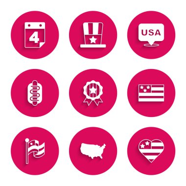 Amerikan haritası Bağımsızlık Günü Amerikan bayrağı Hotdog sandviçi ve takvim tarihi 4 Temmuz ikonu ile madalyayı hazırla. Vektör.