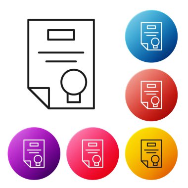 Beyaz arkaplanda siyah çizgi sertifika şablon simgesi izole edildi. Başarı, ödül, diploma, burs, diploma kavramları. Renkli daire düğmelerini ayarlayın. Vektör İllüstrasyonu.