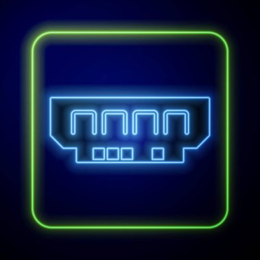 Parlayan neon RAM, mavi arkaplanda izole edilmiş rastgele erişim bellek simgesi. Vektör