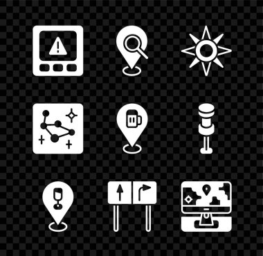 GPS aygıtı hatası, Arama yeri, Rüzgar gülü, Alkol birası barı, Yol trafik levhası, İşaretli monitör, Büyük Ayı takımyıldızı ve simgesini ayarla. Vektör