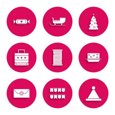 Noel dilek listesi şablonu, bayraklı karnaval çelengi, Noel Baba şapkası, Nougat fındığı, Zarf Noel partisi davetiyesi, kağıt alışveriş torbası, ağaç süslemeleri ve Candy ikonu. Vektör