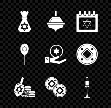 Yahudi para çantasını, içinde David 'in yıldızı, Hanuka dreidel, takvim ve para, yanan mum şamdanı, balon kurdelesi ve el ikonu olan bir çantaya koy. Vektör