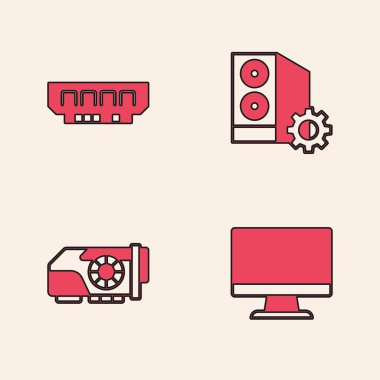 Bilgisayar monitörünü, RAM 'i, rastgele erişim belleğini, bilgisayar ve görüntü kartı simgesini ayarla. Vektör.