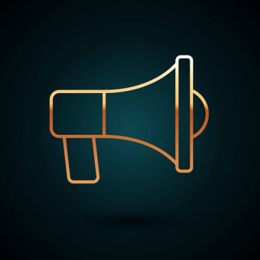 Altın çizgili megafon simgesi koyu mavi arkaplanda izole edilmiş. Sözcü işareti. Vektör.