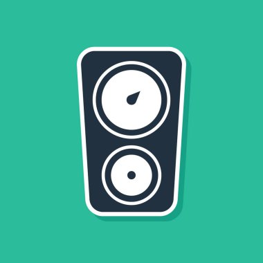 Mavi Ölçek simgesi yeşil arkaplanda izole edildi. Memnuniyet, sıcaklık, manometre, risk, değerlendirme, performans, hız taktik ölçer. Vektör