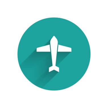 Beyaz Jet savaş ikonu uzun gölgeli izole edilmiş. Askeri uçak. Yeşil daire düğmesi. Vektör