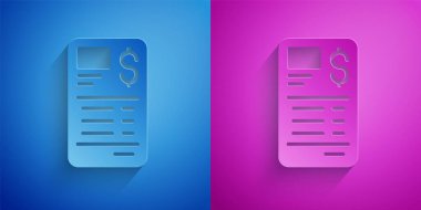 Kağıt kesiği veya finansal kontrol simgesi mavi ve mor arka planda izole edilmiş. Kağıt baskı çeki, makbuz ya da fatura. Kağıt sanatı tarzı. Vektör