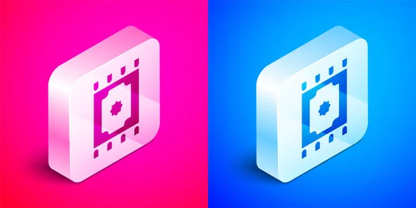 Isometric Traditional carpet culture ramadan arabic islamic celebration icon isolated on pink and blue background. Silver square button. Vector — Stock Vector
