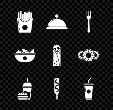 Kutuda patates kızartması, tepsi dolusu yiyecek, çatal, kamış ve burger içen kağıt bardak, dondurma, su, nachos tabağı ve Doner kebap ikonu ile kaplı olsun. Vektör