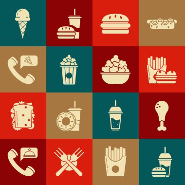 Kamış ve burgerli kağıt bardak, tavuk budu, patates kızartması, karton kutu, patlamış mısır, pizza siparişi, dondurma külahı ve kase ikonu. Vektör
