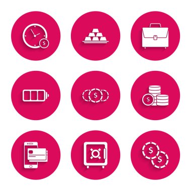 Dolar sembolü, kasa, cep telefonu ve kredi kartı, pil şarj seviyesi göstergesi, evrak çantası ve saat simgesi ile bozuk para ayarlayın. Vektör