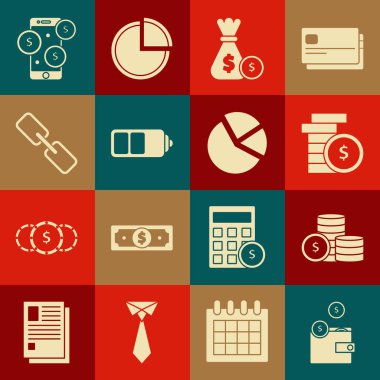 Cüzdanı bozuk para dolar sembolü, para çantası ve pil şarj seviyesi göstergesi, zincir bağlantısı, akıllı telefon ve turta grafiksel ikonu ile ayarla. Vektör