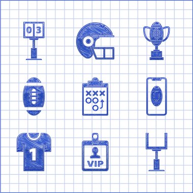 Planlama stratejisi konsepti, VIP rozeti, Amerikan futbolu kale direği, Amerikan malı akıllı telefon ekran, forma, futbol, ödül kupası ve spor mekanik puan tablosu ikonu. Vektör