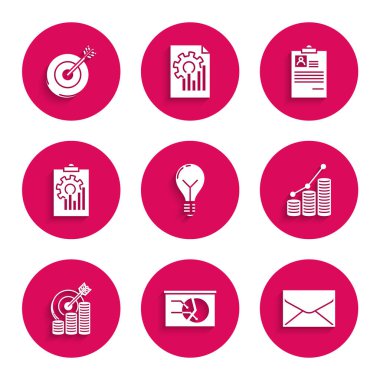 Fikir kavramına sahip ampul, pano grafiği, zarf, turta bilgisi ve madeni para, hedef sembol, pano, özgeçmiş ve simge ile ayarlayın. Vektör