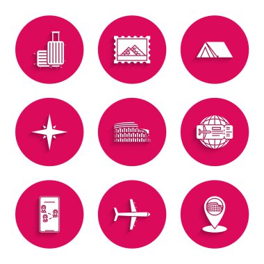 Roma, İtalya, Uçak, harita işaretçisi, uçak bileti, şehir haritası navigasyon bilgileri, rüzgar gülü, seyahat simgesi için turist çadırı ve bavulu. Vektör
