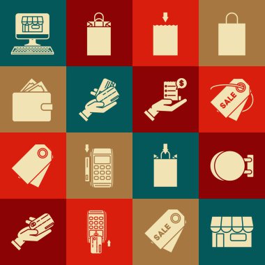 Alış veriş binası ya da market, kağıt alışveriş torbası, insan el ele tutuşan kredi kartı, cüzdan desteleri kağıt para, ekran bilgisayarı ve ödeme ikonu için boş fatura. Vektör