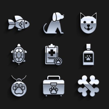 Tıbbi kayıt cihazlı pano, evcil hayvan ilk yardım çantası, çapraz kemikler, köpek ilacı şişesi, yaka etiketi, kaplumbağa, kedi ve balık ikonu. Vektör