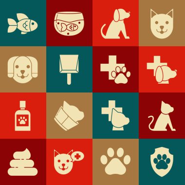 Hayvan sağlığı sigortası, Cat, veteriner kliniği sembolü Köpek, Faraş, Balık ve ikon. Vektör
