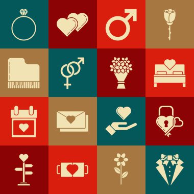 Set Suit, Castle kalp ve anahtar şeklinde, Yatak odası, erkek cinsiyet sembolü, cinsiyet, Grand piano, elmas nişan yüzüğü ve buket çiçek ikonu. Vektör