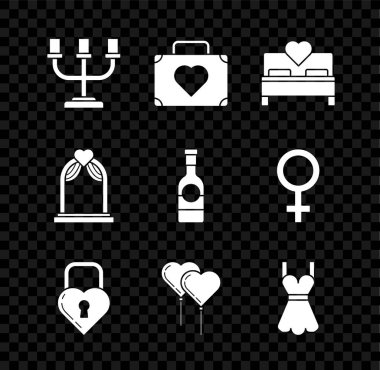 Candlestick, seyahat için bavul, kalp, yatak odası, şato şeklinde balonlar kurdele, kadın elbisesi, düğün kemeri ve şampanya şişesi ikonu. Vektör