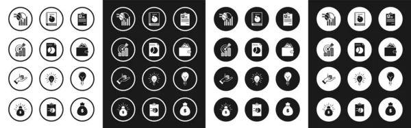 Állítsa Clipboard önéletrajz, Dokumentum grafikon diagram, Cél érme szimbólum, Pie infographic, Pénztárca halom papír pénz készpénz, Használati útmutató, Izzó koncepció ötlet és pénz kéz ikon. Vektor — Stock Vector