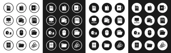 Ställ in kaffekopp, Mappinställningar med växlar, Datorskärm tangentbord, Fildokument och pärmklipp, Dokumentmapp och Scotch ikon. Vektor — Stock vektor