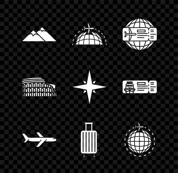 Set Berge, Globus mit fliegendem Flugzeug, Flugticket, Flugzeug, Reisekoffer, Kolosseum Rom, Italien und Windrose Ikone. Vektor — Stockvektor