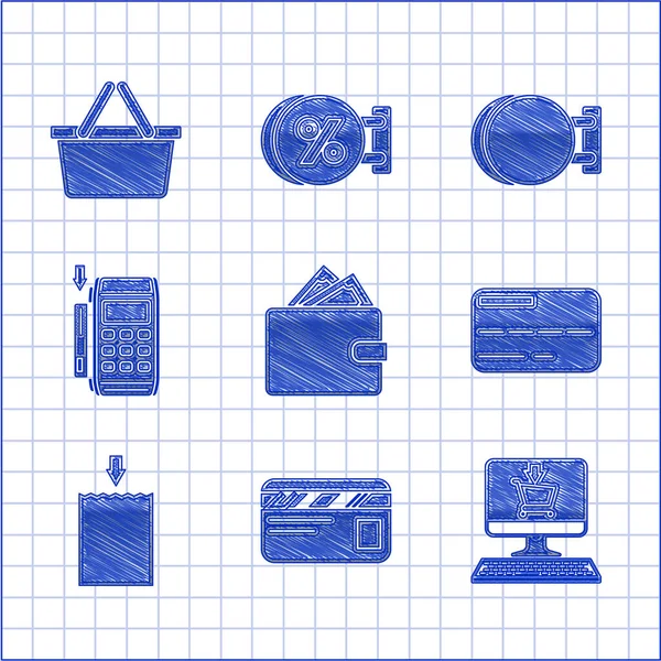 Set Portefeuille avec piles argent comptant en papier, Carte de crédit, Panier écran ordinateur, Sac à provisions en papier, Pos terminal inséré crédit, Panneau pendaison et icône de panier. Vecteur — Image vectorielle