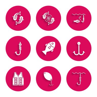 Fish 'i, balık kaşığını, suyun altına kancayı, ceketi, balık ve ikonu hazırla. Vektör