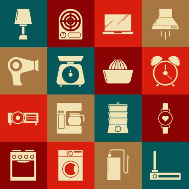 Yönlendirici ve wi-fi sinyalini ayarla, kalp atış hızını gösteren akıllı saat, alarm saati, dizüstü bilgisayar, pullar, saç kurutma makinesi, masa lambası ve meyve sıkacağı ikonu. Vektör