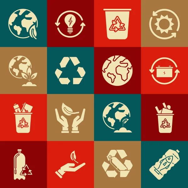 Okyanus plastik kirliliğini durdur, geri dönüşüm sembollü geri dönüşüm kutusu, pil, toprak küresi ve bitki, yaprak ve ikon. Vektör
