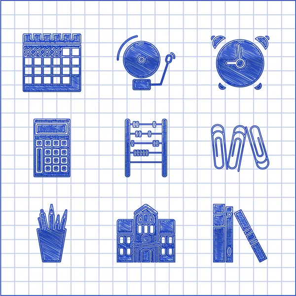 Set Abacus, Bâtiment scolaire, Dossiers de bureau avec papiers et documents, trombone, Papeterie, Calculatrice, Réveil et icône Calendrier. Vecteur — Image vectorielle