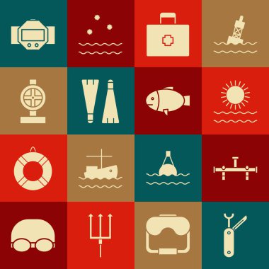 İsviçre çakısı, Manifold, Güneş ve Dalgalar, ilk yardım çantası, yüzmek için lastik yüzgeçler, endüstriyel metalik boru vanası, dalış saati ve balık ikonu. Vektör