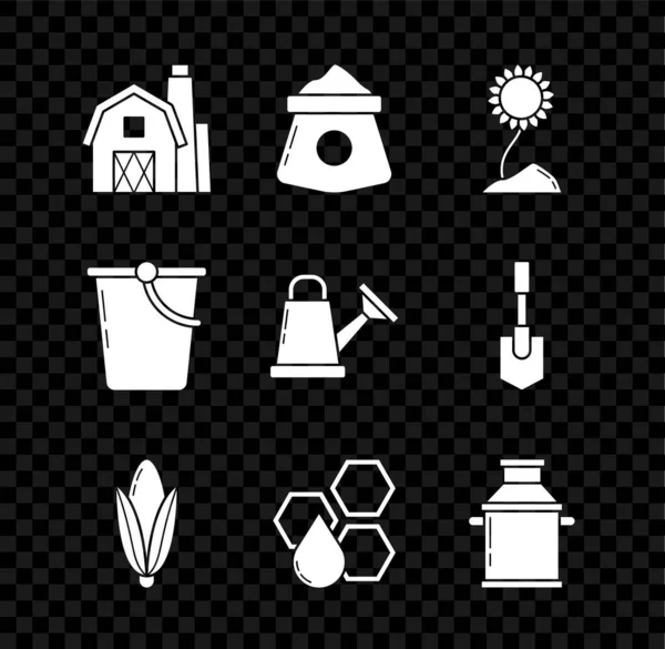 Nastavit Farm House koncept, Taška mouky, Slunečnice, Kukuřice, Honeycomb, Plechovka kontejner na mléko, Kbelík a zalévání může ikona. Vektor — Stockový vektor