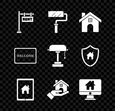 Asılma işaretini metin Rent, boya fırçası, House, Tablet ve akıllı ev, emlakçı, bilgisayar monitörü, Hoşgeldin ve lamba ikonu ile ayarla. Vektör