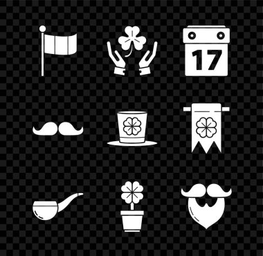 Ulusal İrlanda bayrağı, dört yapraklı yonca tutan insan elleri takvimli Aziz Patricks günü, tüttürme piposu, dört esrar, bıyık sakalı ve cüce şapka ikonu. Vektör