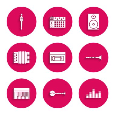 VHS video kaset teybi, Banjo, Music equalizer, klarnet, synthesizer, müzik enstrümanı akordiyonu, Stereo hoparlörü ve mikrofon simgesini ayarlayın. Vektör