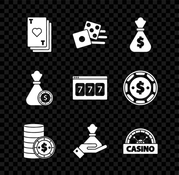 Set Jouer à la carte avec le coeur, Jeu de dés, Sac d'argent, Casino puce dollar, Main tenant de l'argent, enseigne, jetons de casino et de la machine à sous en ligne chanceux sept icône de jackpot. Vecteur — Image vectorielle