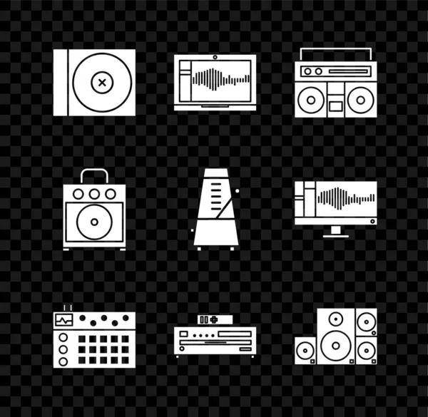 Set CD or DVD disk, Sound audio recorder on laptop, Home stereo with two speakers, Drum machine, Music player, Stereo, Guitar amplifier and Metronome pendulum motion icon. Vector — Stock Vector