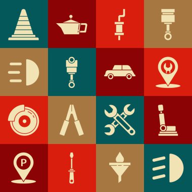Yüksek kiriş, oto koltuğu, servis, egzoz, motor pistonu, trafik konisi ve simgeyi ayarlayın. Vektör