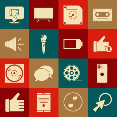 Ok imleci, Akıllı Telefon, Cep Telefonu, El gibi, Bilgisayar veri depolama için Disket Disketi, Mikrofon, Hoparlör hacmi, Konuşma balonunda Sevmeme ve Batarya şarj Seviyesi gösterge simgesi simgesini ayarla. Vektör