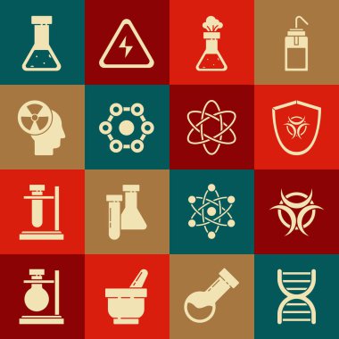 DNA sembolünü, Biyolojik Tehlike 'yi kalkan, deney tüpü ve matara kimyasalı, kimyasal formül, insan kafa radyasyonu ve atom simgesine ayarla. Vektör