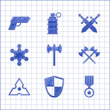 Ortaçağ baltası, kalkanı, askeri ödül madalyası çapraz ortaçağ baltaları, Japon ninja shuriken, polis rozeti, kılıç ve tabanca ikonu. Vektör
