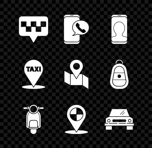 Set Map pointer with taxi, Taxi call telephone service, Scooter, Car, and Folded map location marker icon. Vector — Stock Vector