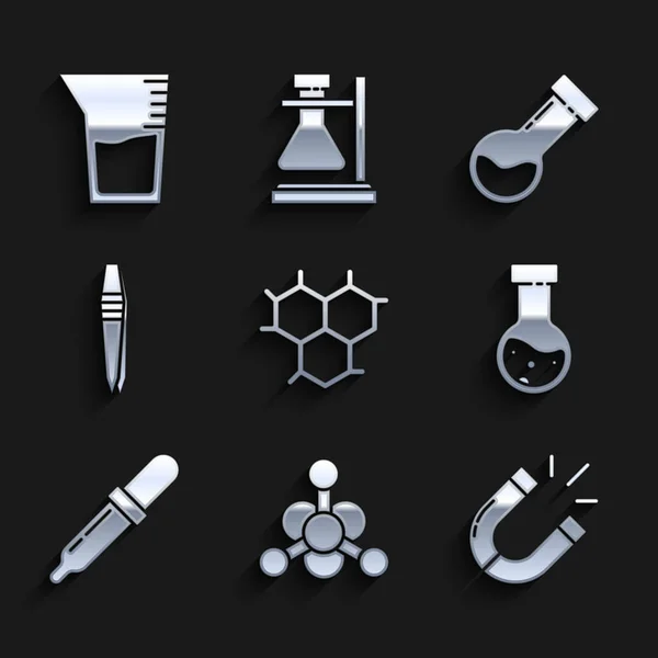 Set Formule chimique, bactéries, aimant, tube à essai et flacon chimique, pipette, pince à épiler et icône de bécher la verrerie de laboratoire. Vecteur — Image vectorielle