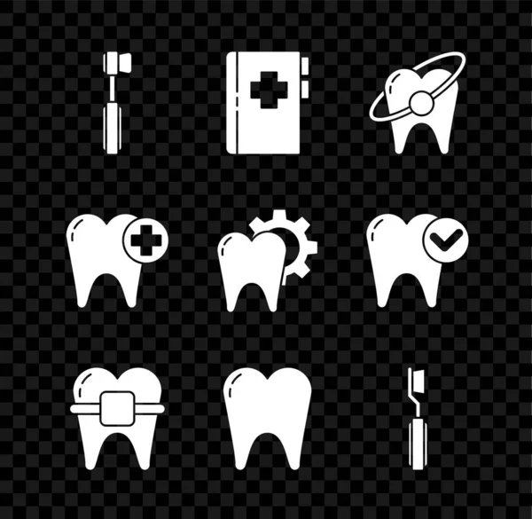 Definir escova de dentes, área de transferência com cartão dental, conceito de clareamento, aparelho de dentes e ícone de procedimento de tratamento. Vetor —  Vetores de Stock