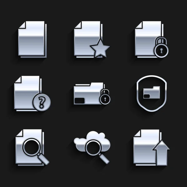 Map instellen en vergrendelen, cloud computing zoeken, bestandsdocument uploaden, mapbescherming voor documenten, met zoeken, Onbekend en pictogram. Vector — Stockvector