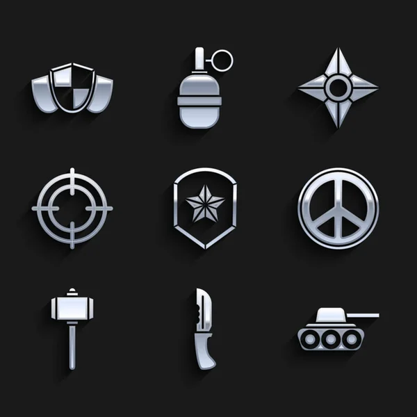 Set distintivo della polizia, coltello militare, serbatoio, pace, martello da battaglia, Target sport, ninja shuriken giapponese e icona Shield. Vettore — Vettoriale Stock
