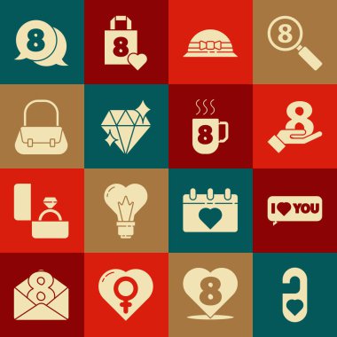 Lütfen kalp ile rahatsız etmeyin, konuşma balonu sizi seviyorum, 8 Mart, zarif kadın şapkası, elmas, çanta, konuşma ve kahve fincanı ikonu. Vektör