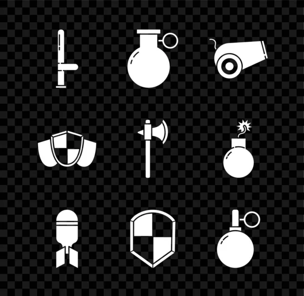 Set Police rubber baton, Hand grenade, Cannon, Aviation bomb, Shield, and Medieval axe icon. Vector — Stock Vector